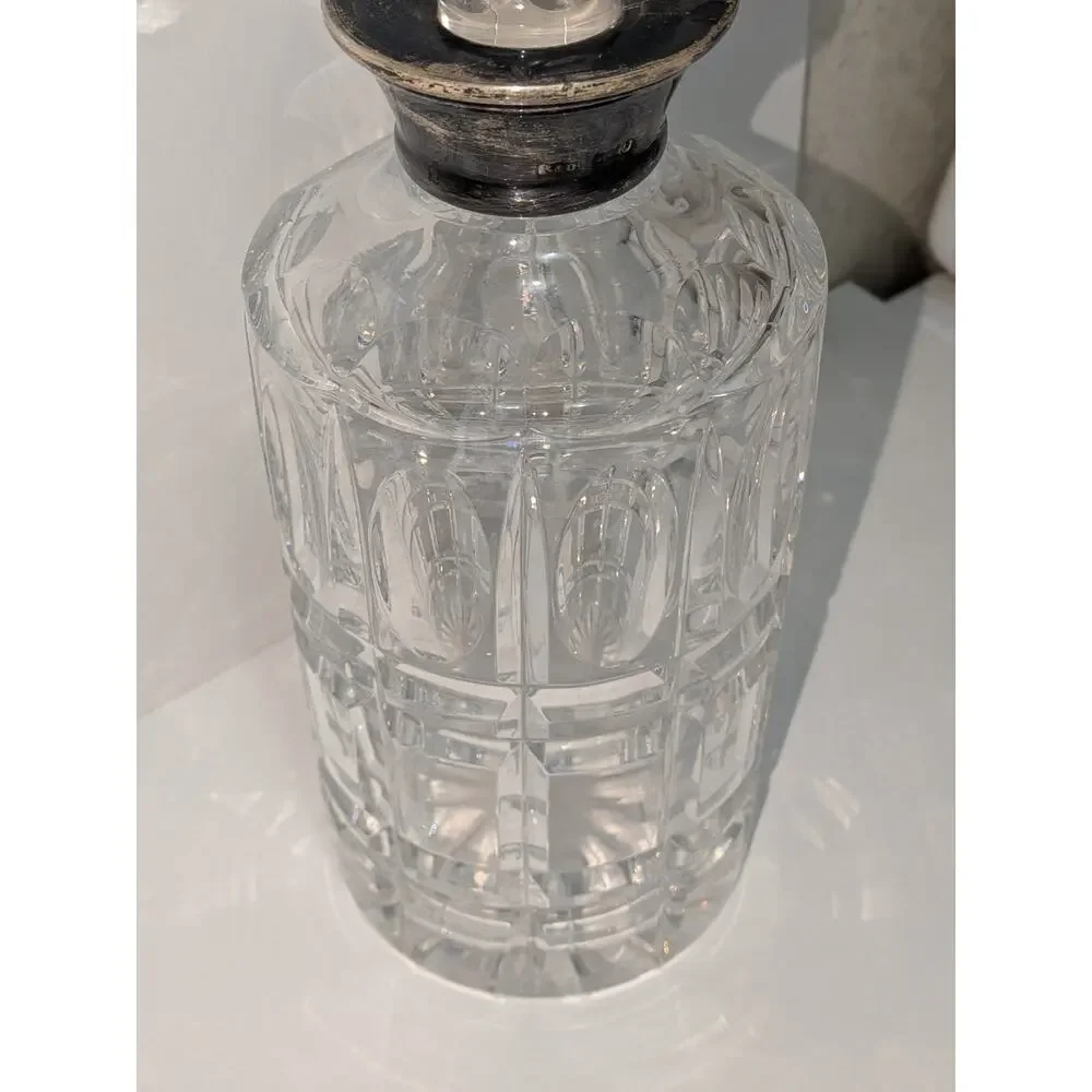 VTG 60s Roberts & Dore 925 Sterling Silver Rim Cut Crystal Decanter